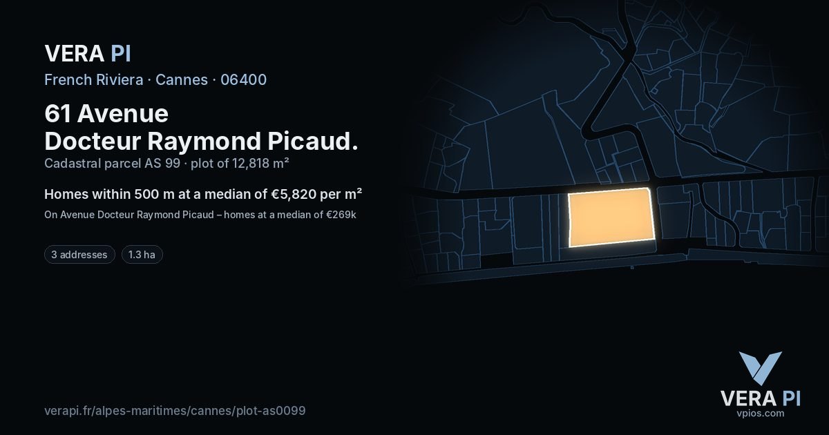 61 Avenue Docteur Raymond Picaud, Cannes at night – the plot lit, the parcels around coloured by the prices near them