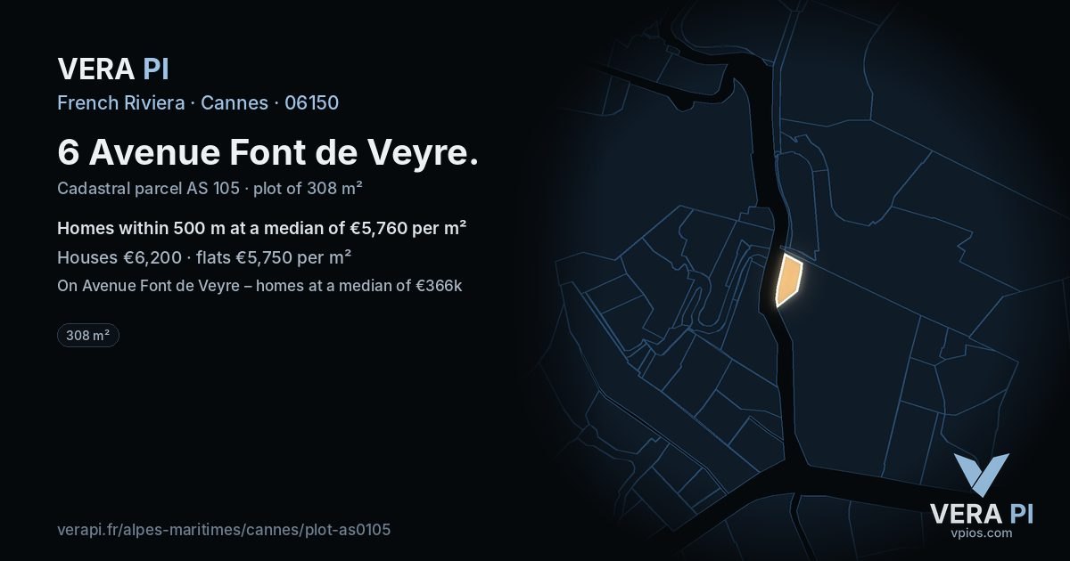 6 Avenue Font de Veyre, Cannes at night – the plot lit, the parcels around coloured by the prices near them