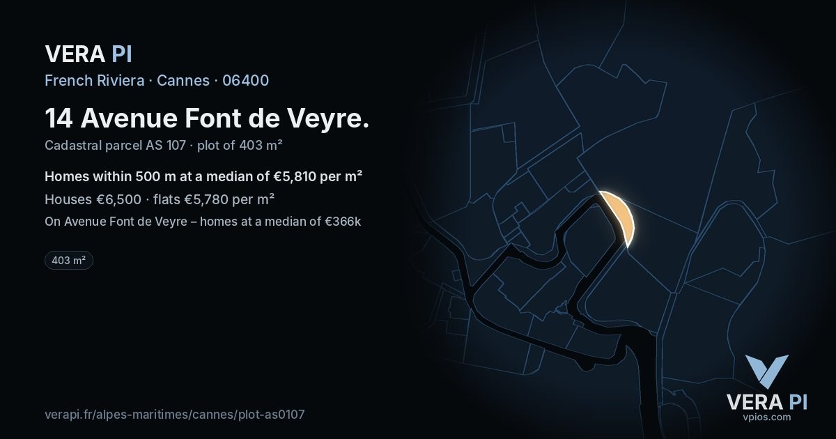 14 Avenue Font de Veyre, Cannes at night – the plot lit, the parcels around coloured by the prices near them