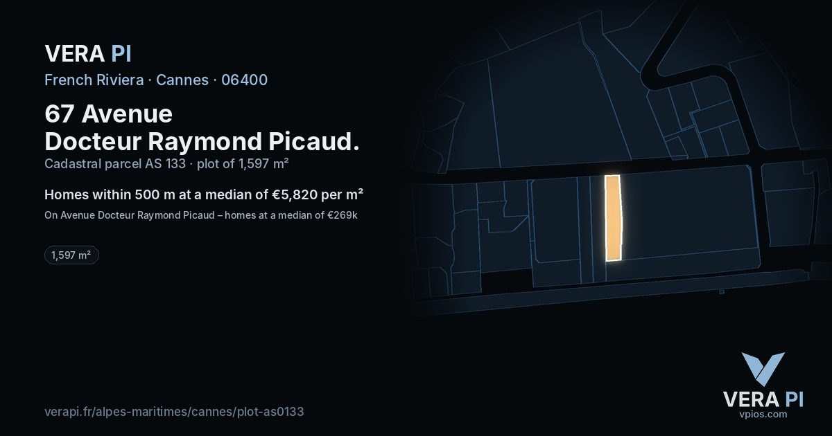 67 Avenue Docteur Raymond Picaud, Cannes at night – the plot lit, the parcels around coloured by the prices near them