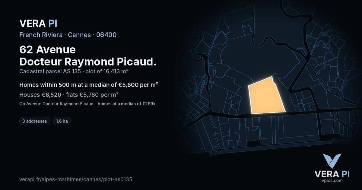 62 Avenue Docteur Raymond Picaud, Cannes at night – the plot lit, the parcels around coloured by the prices near them