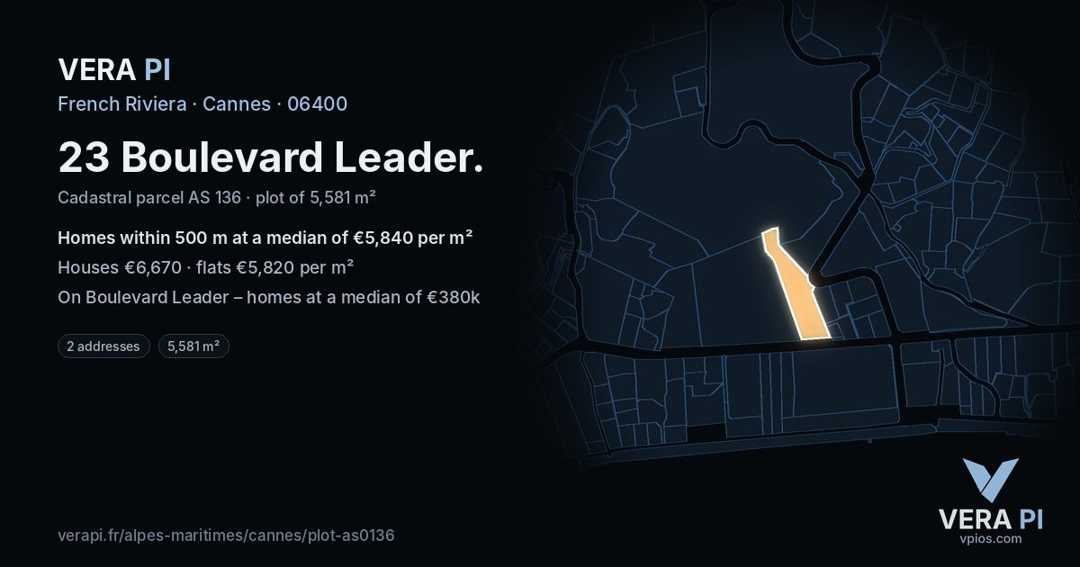23 Boulevard Leader, Cannes at night – the plot lit, the parcels around coloured by the prices near them