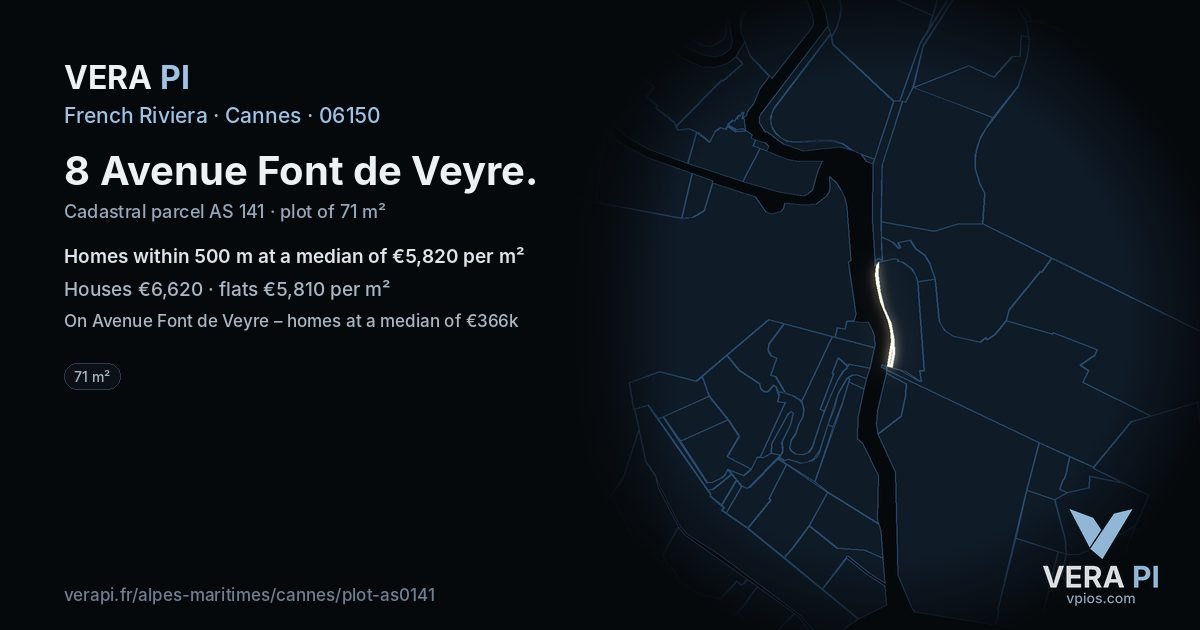 8 Avenue Font de Veyre, Cannes at night – the plot lit, the parcels around coloured by the prices near them