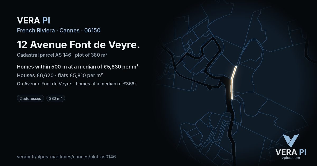 12 Avenue Font de Veyre, Cannes at night – the plot lit, the parcels around coloured by the prices near them