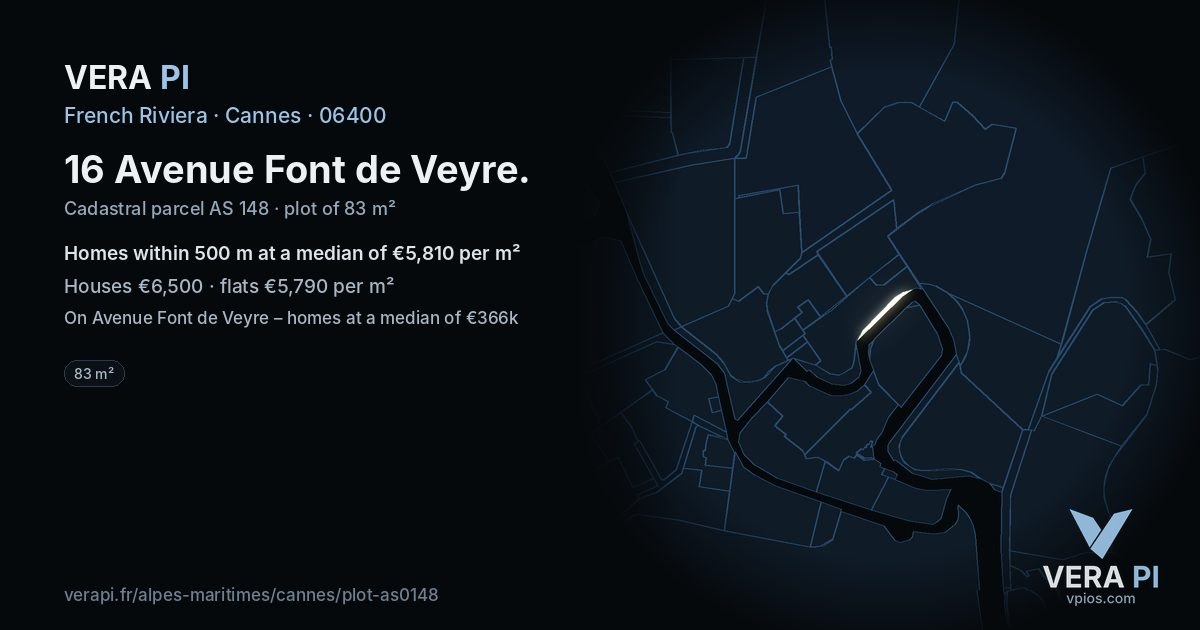 16 Avenue Font de Veyre, Cannes at night – the plot lit, the parcels around coloured by the prices near them