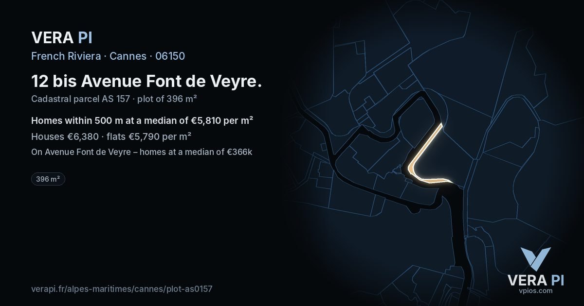 12 bis Avenue Font de Veyre, Cannes at night – the plot lit, the parcels around coloured by the prices near them