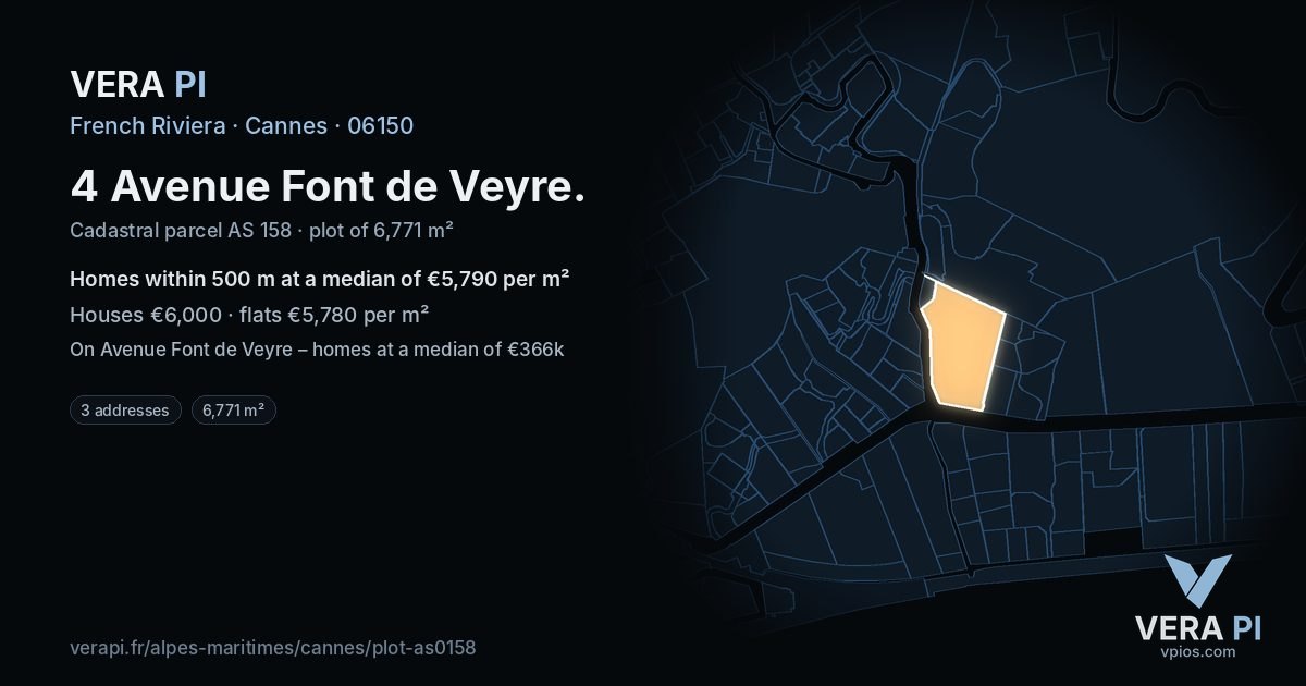 4 Avenue Font de Veyre, Cannes at night – the plot lit, the parcels around coloured by the prices near them