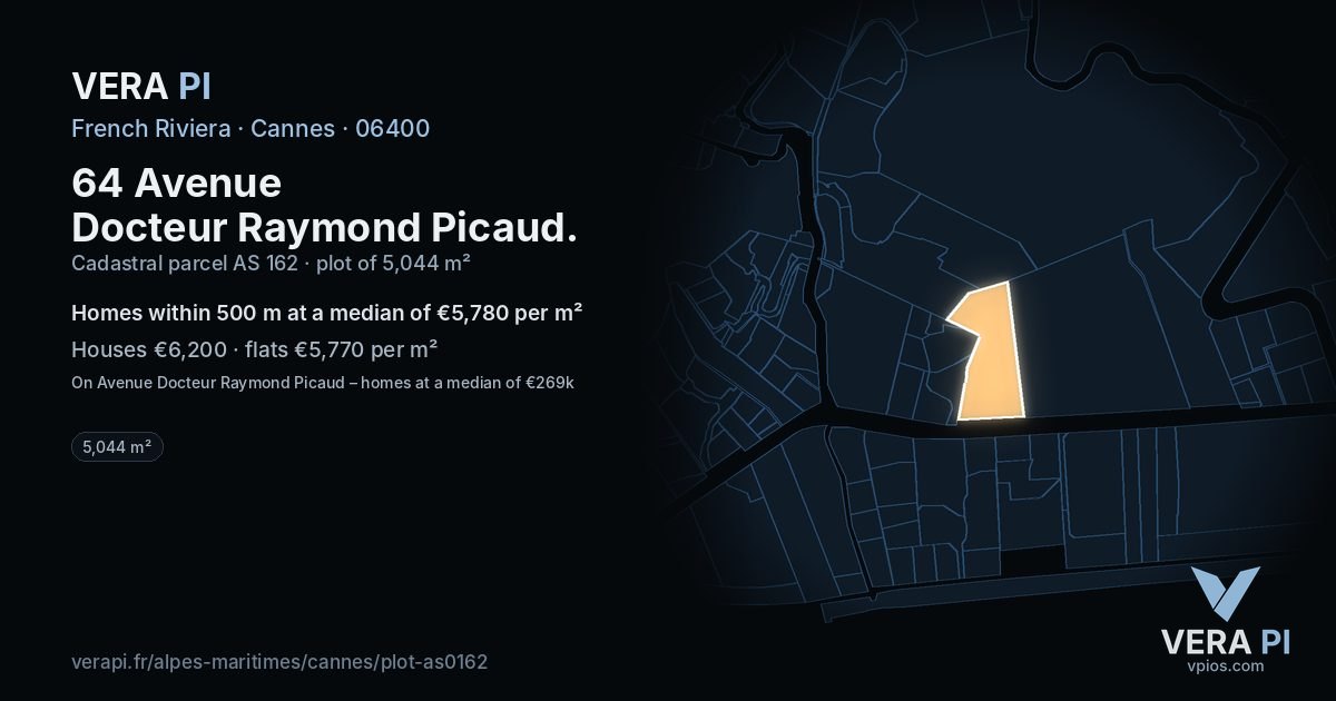 64 Avenue Docteur Raymond Picaud, Cannes at night – the plot lit, the parcels around coloured by the prices near them