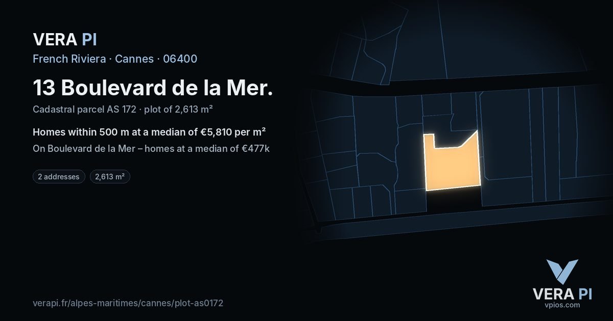 13 Boulevard de la Mer, Cannes at night – the plot lit, the parcels around coloured by the prices near them