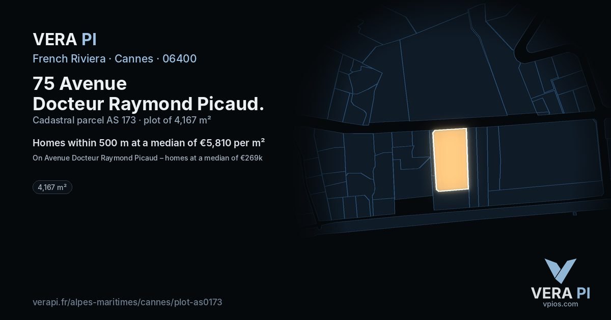 75 Avenue Docteur Raymond Picaud, Cannes at night – the plot lit, the parcels around coloured by the prices near them