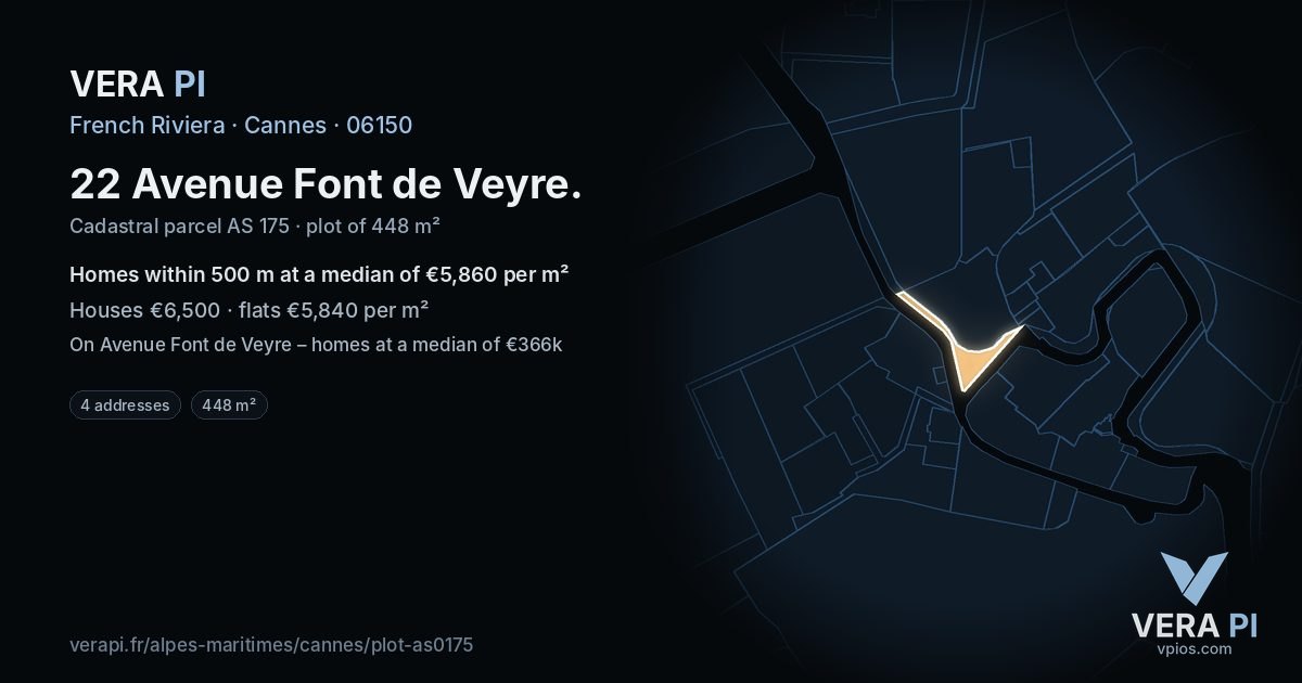 22 Avenue Font de Veyre, Cannes at night – the plot lit, the parcels around coloured by the prices near them