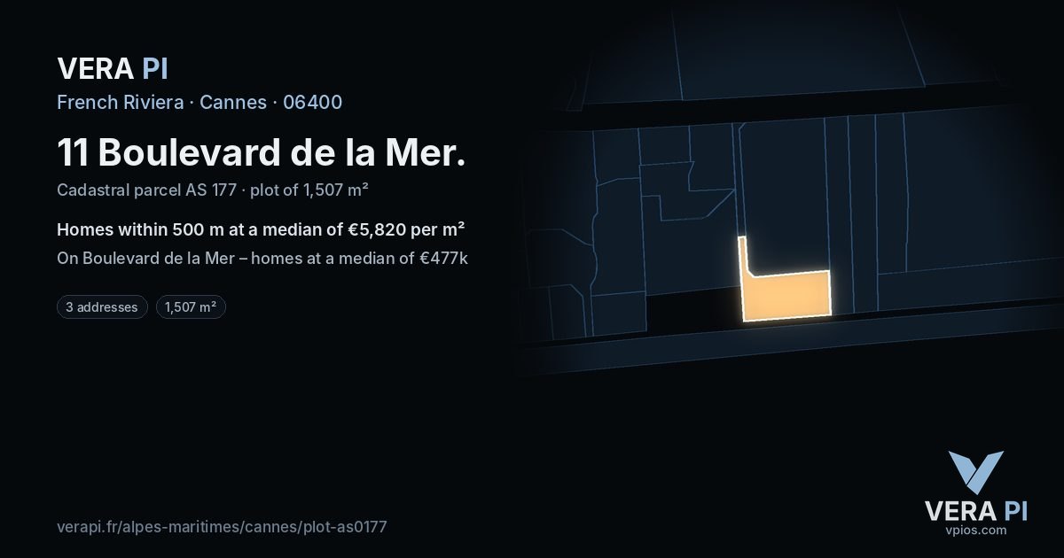 11 Boulevard de la Mer, Cannes at night – the plot lit, the parcels around coloured by the prices near them
