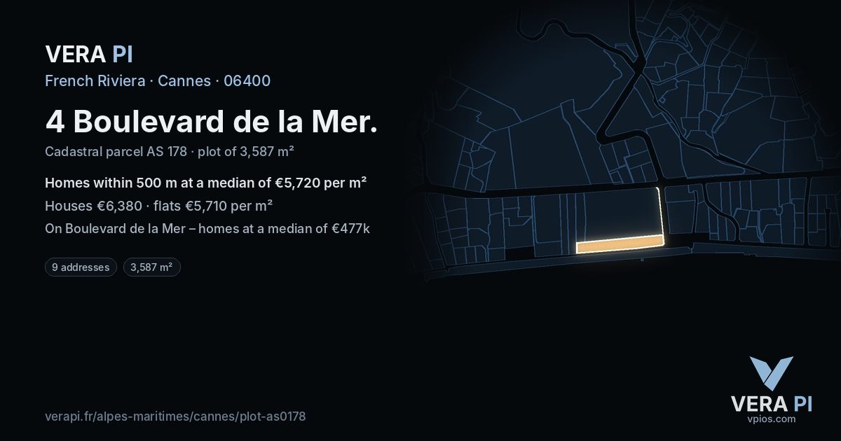 4 Boulevard de la Mer, Cannes at night – the plot lit, the parcels around coloured by the prices near them