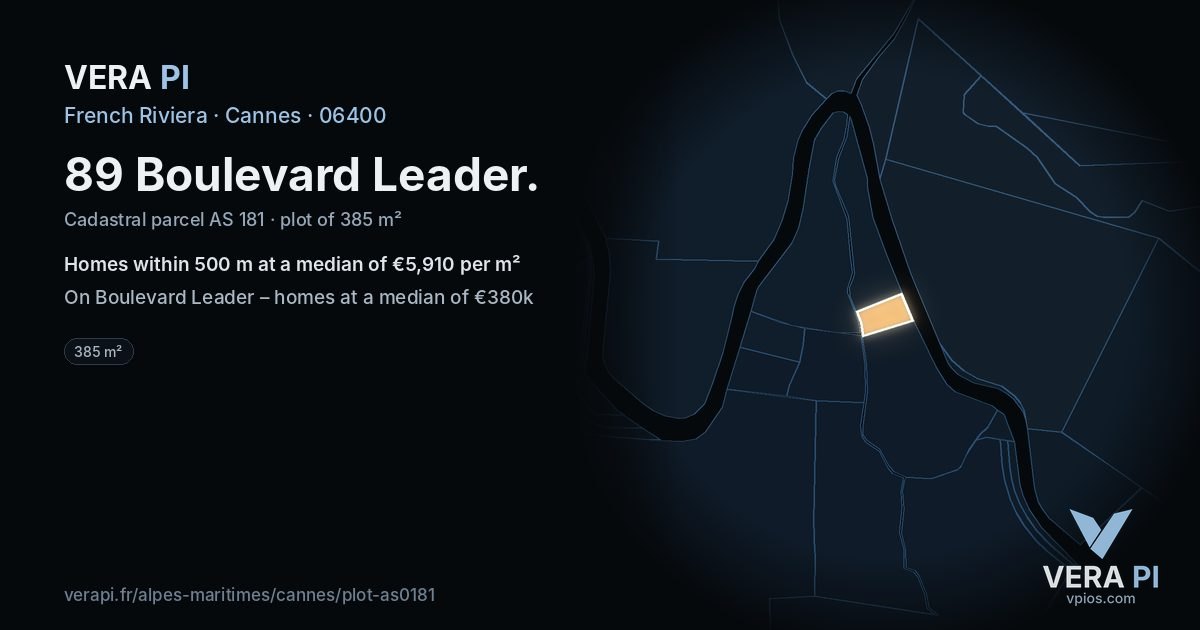 89 Boulevard Leader, Cannes at night – the plot lit, the parcels around coloured by the prices near them