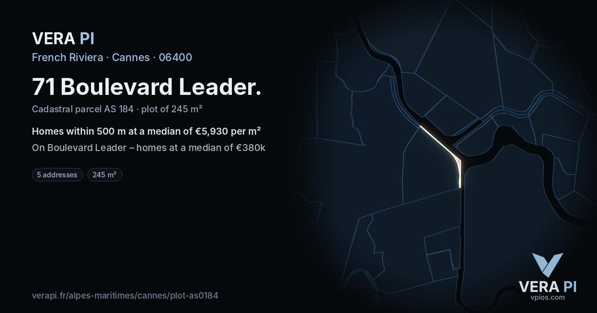 71 Boulevard Leader, Cannes at night – the plot lit, the parcels around coloured by the prices near them