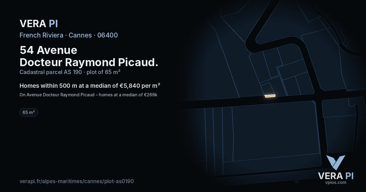 54 Avenue Docteur Raymond Picaud, Cannes at night – the plot lit, the parcels around coloured by the prices near them