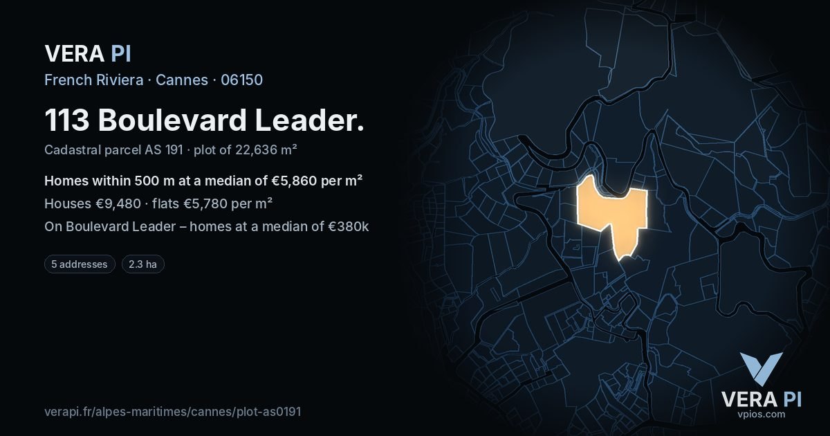 113 Boulevard Leader, Cannes at night – the plot lit, the parcels around coloured by the prices near them