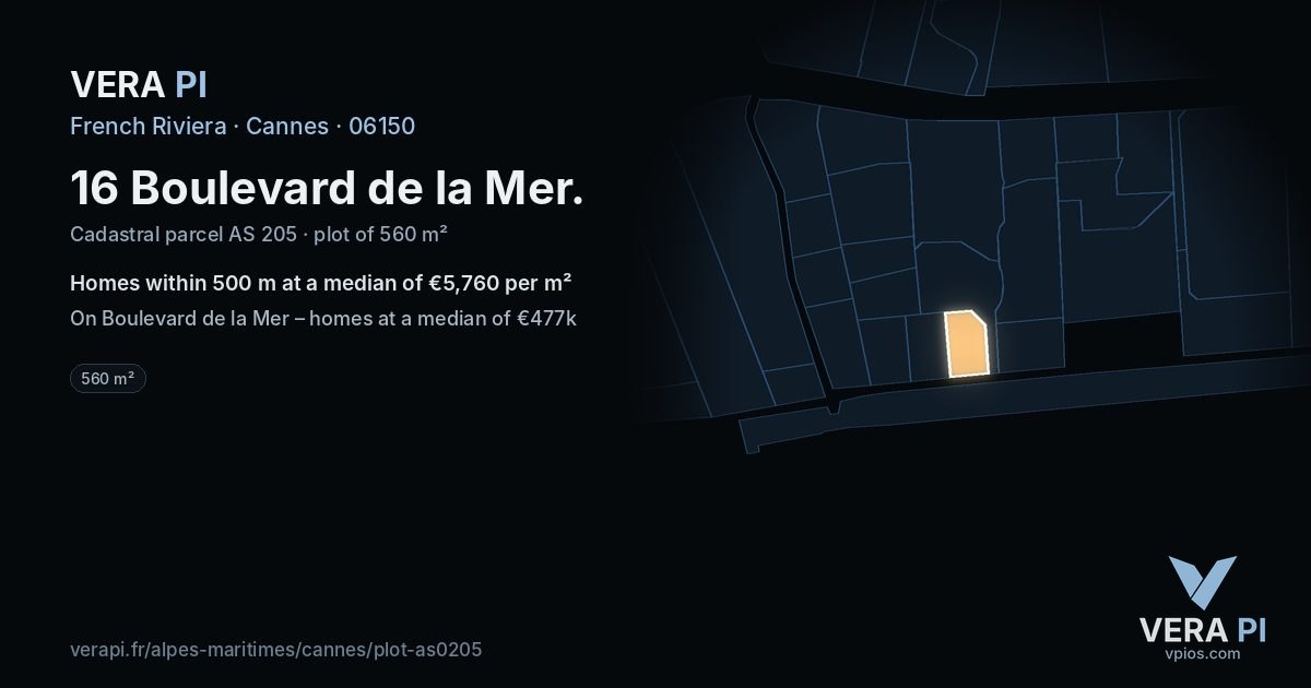 16 Boulevard de la Mer, Cannes at night – the plot lit, the parcels around coloured by the prices near them