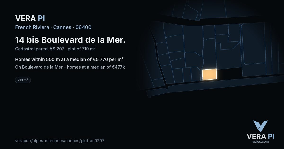 14 bis Boulevard de la Mer, Cannes at night – the plot lit, the parcels around coloured by the prices near them