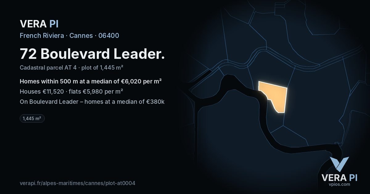 72 Boulevard Leader, Cannes at night – the plot lit, the parcels around coloured by the prices near them