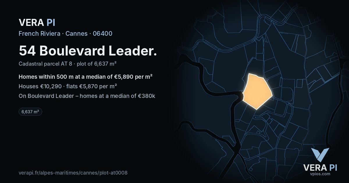 54 Boulevard Leader, Cannes at night – the plot lit, the parcels around coloured by the prices near them