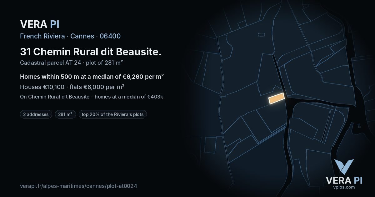 31 Chemin Rural dit Beausite, Cannes at night – the plot lit, the parcels around coloured by the prices near them