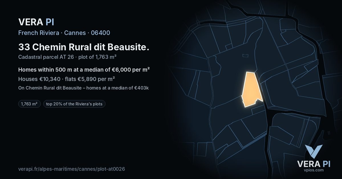 33 Chemin Rural dit Beausite, Cannes at night – the plot lit, the parcels around coloured by the prices near them