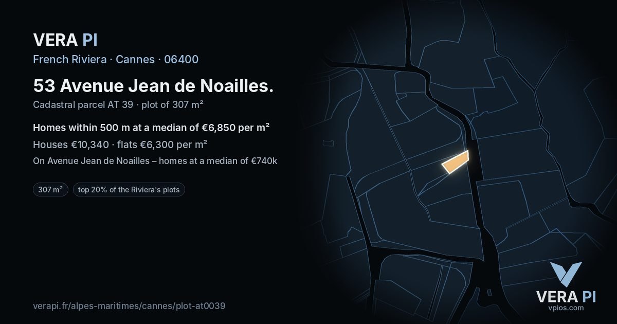 53 Avenue Jean de Noailles, Cannes at night – the plot lit, the parcels around coloured by the prices near them
