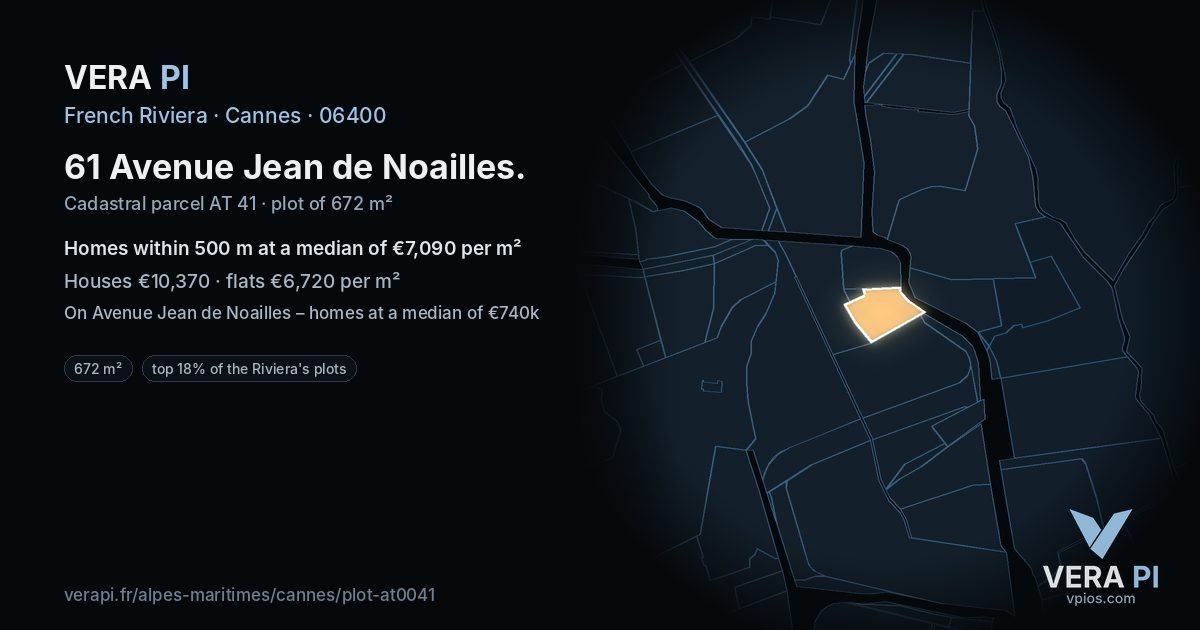 61 Avenue Jean de Noailles, Cannes at night – the plot lit, the parcels around coloured by the prices near them