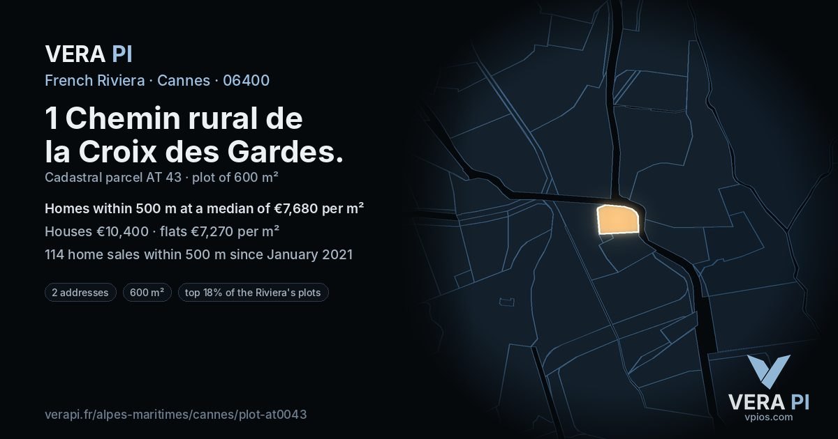 1 Chemin rural de la Croix des Gardes, Cannes at night – the plot lit, the parcels around coloured by the prices near them