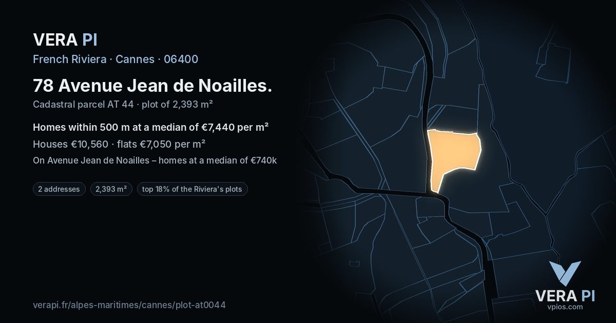 78 Avenue Jean de Noailles, Cannes at night – the plot lit, the parcels around coloured by the prices near them