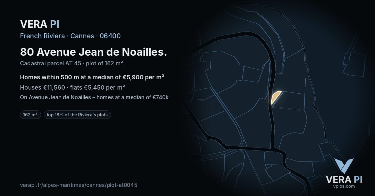 80 Avenue Jean de Noailles, Cannes at night – the plot lit, the parcels around coloured by the prices near them