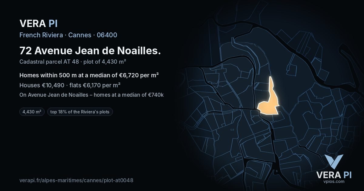 72 Avenue Jean de Noailles, Cannes at night – the plot lit, the parcels around coloured by the prices near them