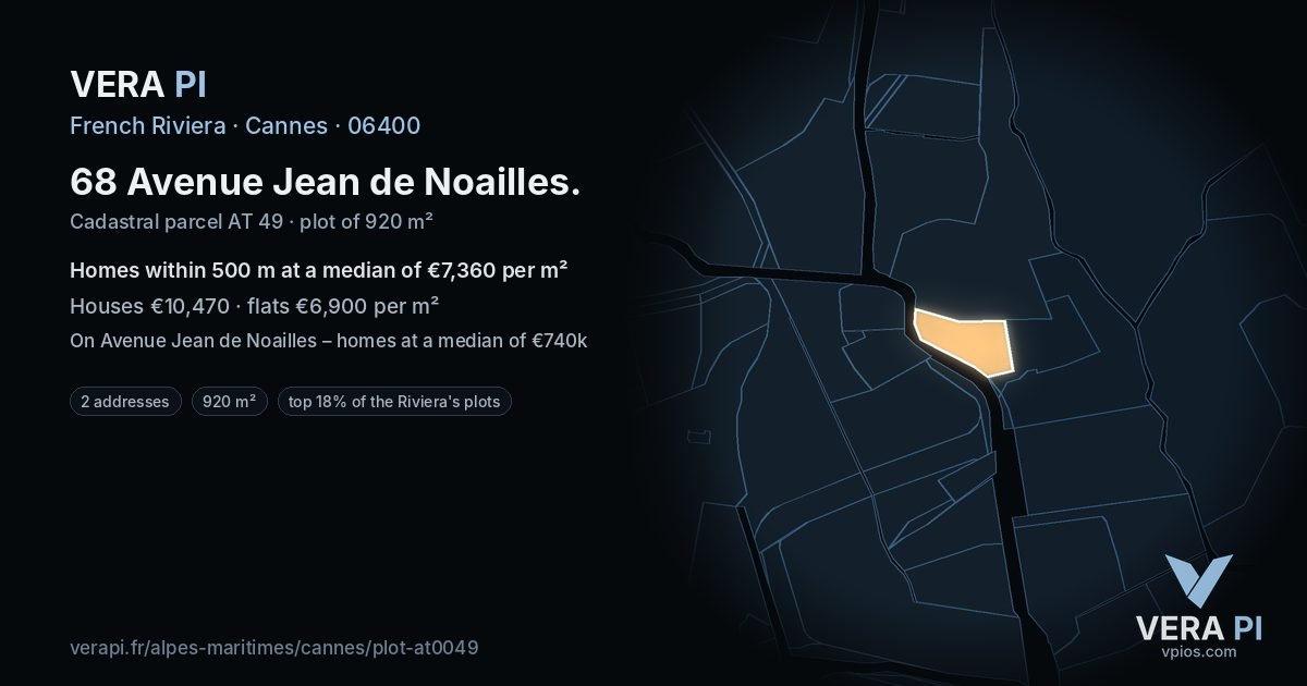 68 Avenue Jean de Noailles, Cannes at night – the plot lit, the parcels around coloured by the prices near them