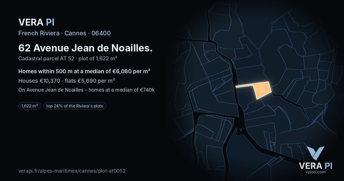 62 Avenue Jean de Noailles, Cannes at night – the plot lit, the parcels around coloured by the prices near them