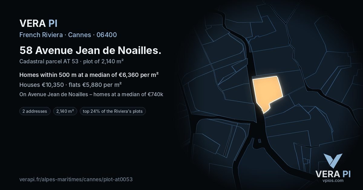 58 Avenue Jean de Noailles, Cannes at night – the plot lit, the parcels around coloured by the prices near them
