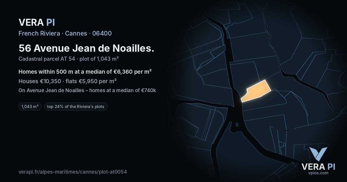 56 Avenue Jean de Noailles, Cannes at night – the plot lit, the parcels around coloured by the prices near them