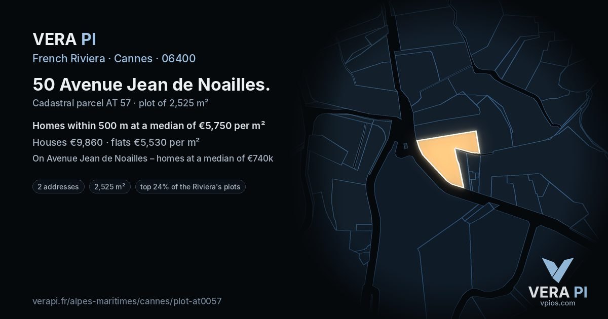 50 Avenue Jean de Noailles, Cannes at night – the plot lit, the parcels around coloured by the prices near them
