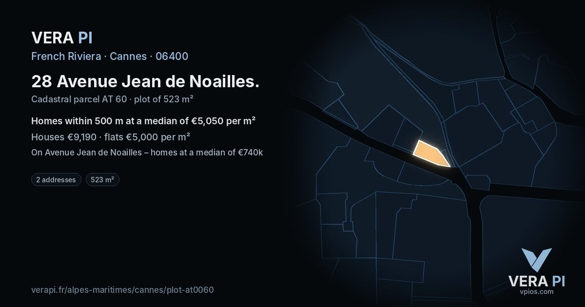 28 Avenue Jean de Noailles, Cannes at night – the plot lit, the parcels around coloured by the prices near them