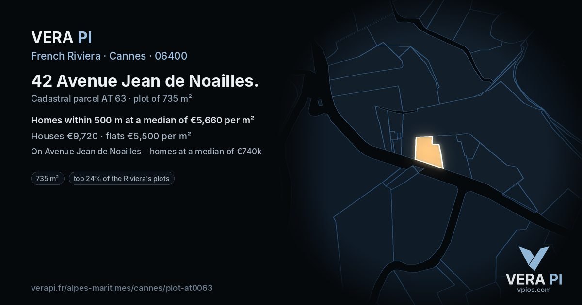 42 Avenue Jean de Noailles, Cannes at night – the plot lit, the parcels around coloured by the prices near them
