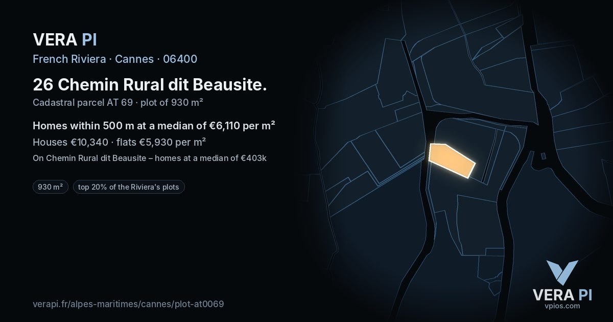 26 Chemin Rural dit Beausite, Cannes at night – the plot lit, the parcels around coloured by the prices near them
