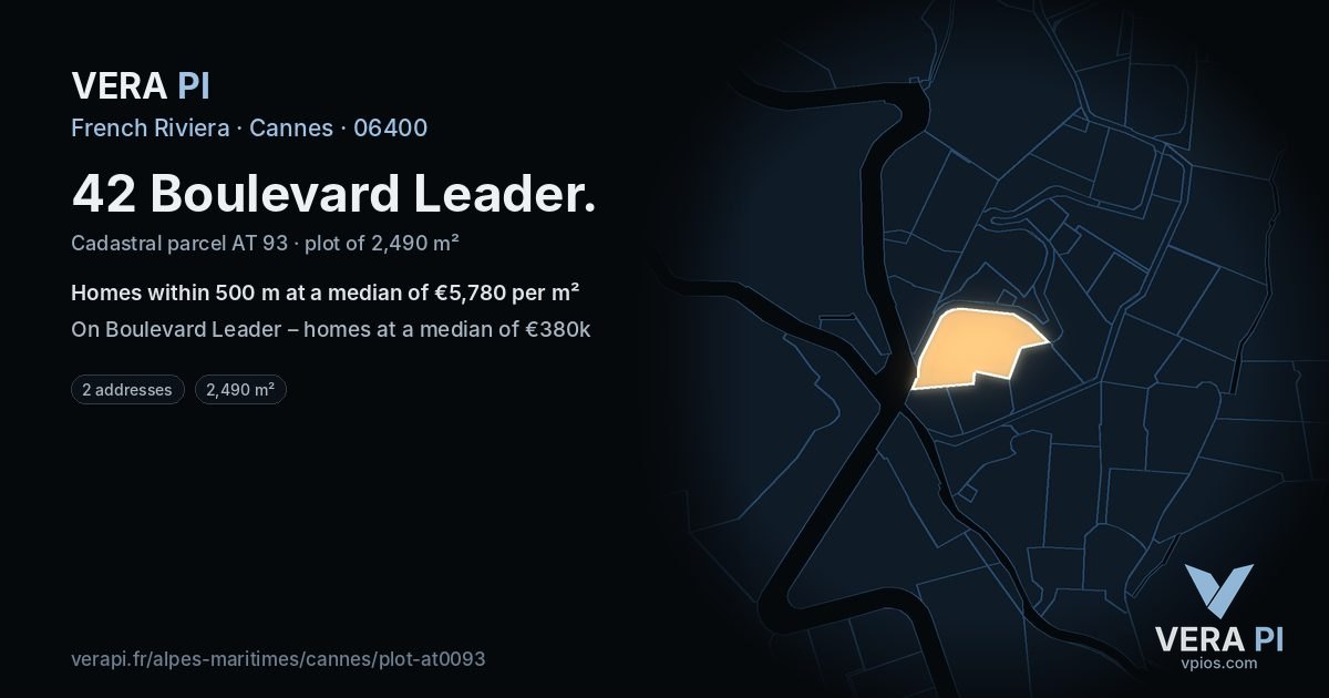 42 Boulevard Leader, Cannes at night – the plot lit, the parcels around coloured by the prices near them