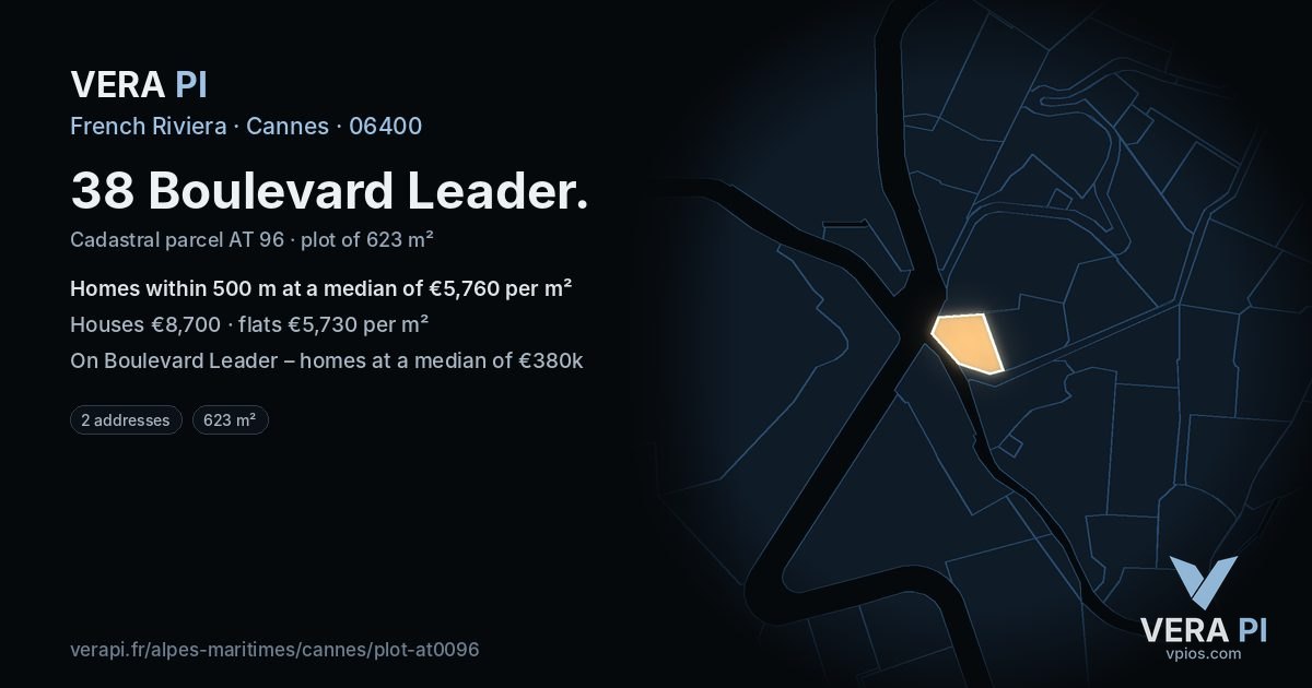 38 Boulevard Leader, Cannes at night – the plot lit, the parcels around coloured by the prices near them