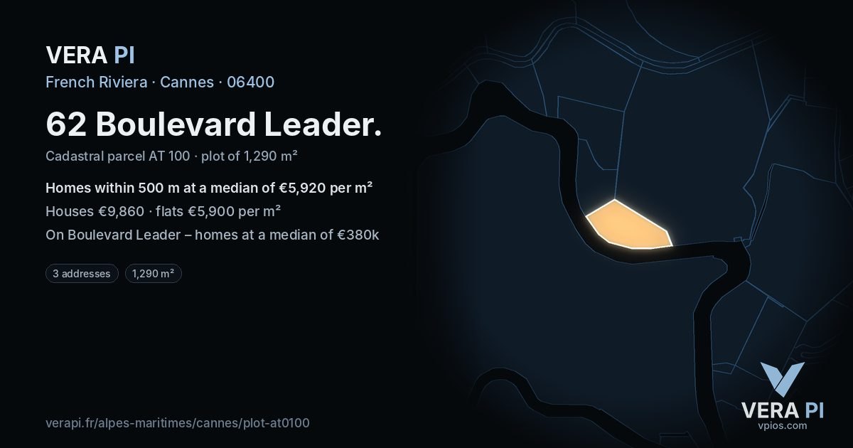 62 Boulevard Leader, Cannes at night – the plot lit, the parcels around coloured by the prices near them
