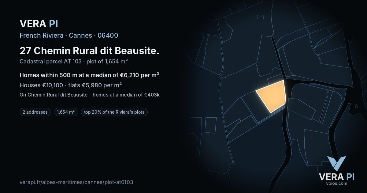 27 Chemin Rural dit Beausite, Cannes at night – the plot lit, the parcels around coloured by the prices near them