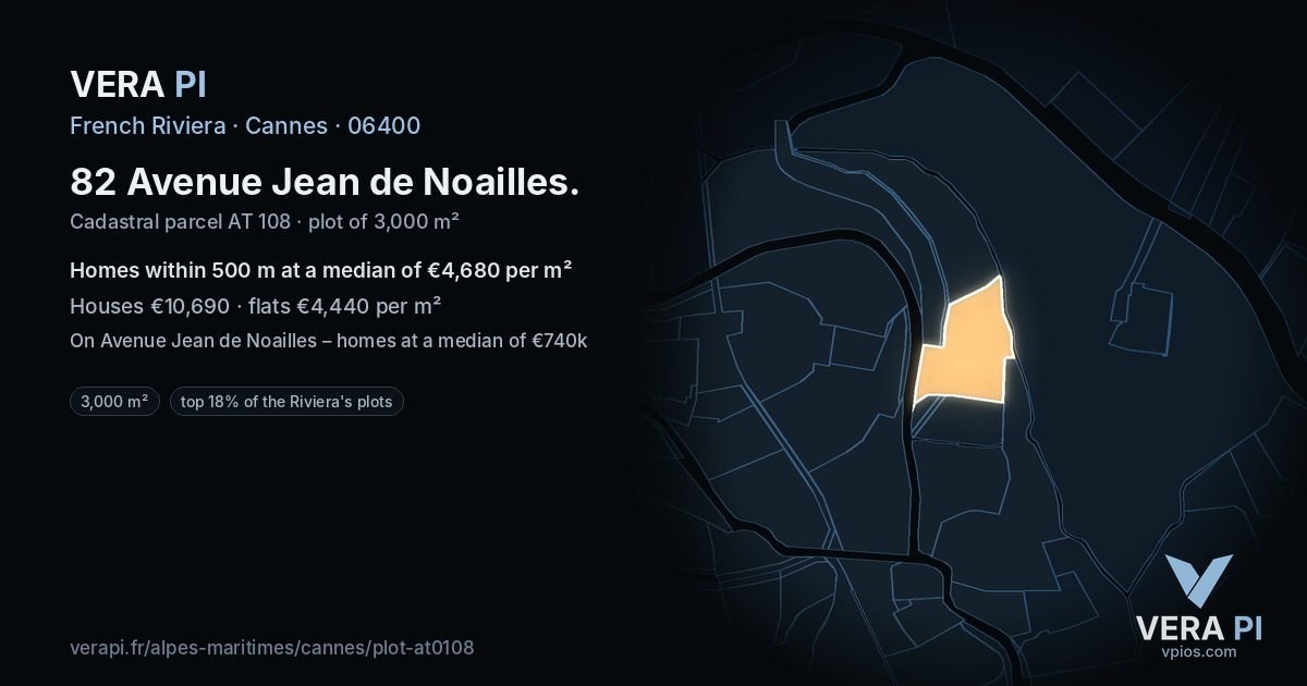 82 Avenue Jean de Noailles, Cannes at night – the plot lit, the parcels around coloured by the prices near them