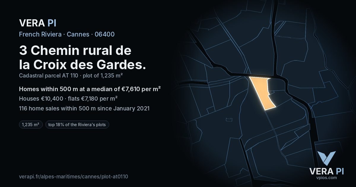 3 Chemin rural de la Croix des Gardes, Cannes at night – the plot lit, the parcels around coloured by the prices near them