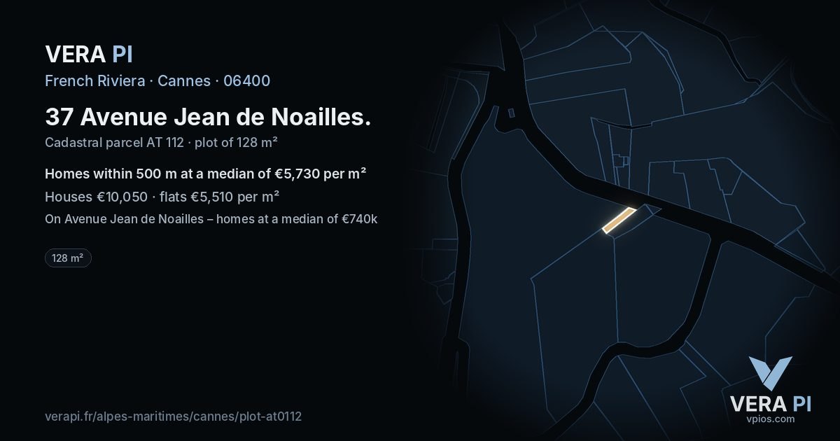 37 Avenue Jean de Noailles, Cannes at night – the plot lit, the parcels around coloured by the prices near them