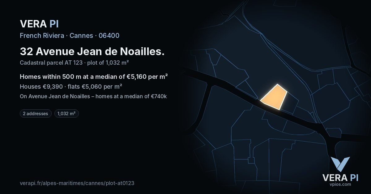 32 Avenue Jean de Noailles, Cannes at night – the plot lit, the parcels around coloured by the prices near them