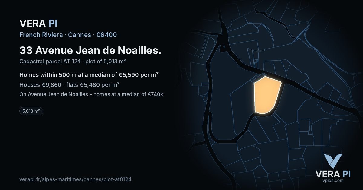 33 Avenue Jean de Noailles, Cannes at night – the plot lit, the parcels around coloured by the prices near them